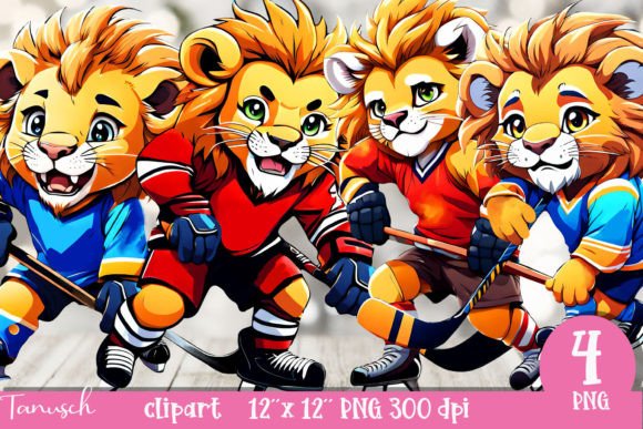 Adorable Lion Hockey Clipart: Watercolor PNG Set