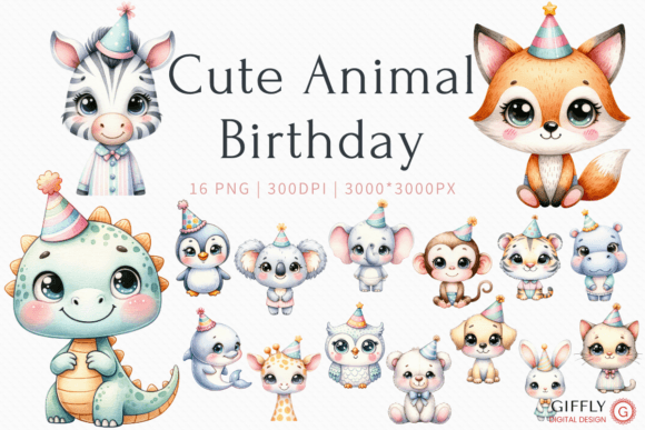 Cute Animal Birthday Watercolor Clipart for Designers