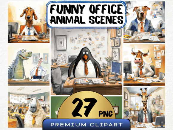 Funny Office Animal Scene Clipart: A Design Asset with Personality