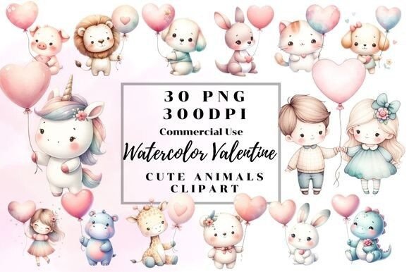 Watercolor Valentine Cute Animal Clipart for Creative Projects